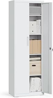 SONGMICS Storage Cabinet, Multi-Purpose 5-Tier Steel Cupboard, with Adjustable Shelves, Double Doors, Lock, Tool Chest, for Garage, Study, Grey OMC014G01