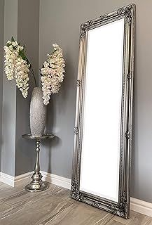Beautifully Tall & Ornate ANTIQUE SILVER Vintage Style Dressing Wall Mirror with Bevelled Glass - Overall Size: 56 inches x 18 inches (142 cm x 47 cm)