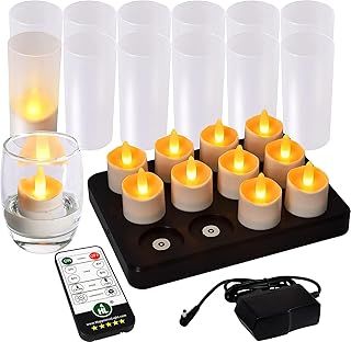 HL Rechargeable Tea Lights Candles Waterproof Tea Lights with Remote Control&Timer Flameless Candles Flickering Working 100H for Wedding Halloween Home Dinner Party Decoration Yellow 12Pack