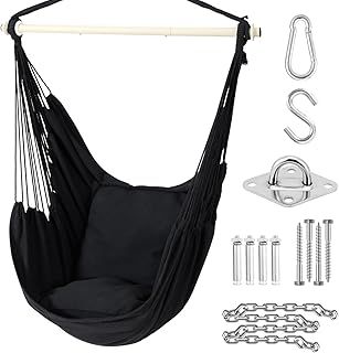 Ohuhu Hanging Chair Swing Chair with Hanging Kit, Extra Comfortable XL Portable Hammock Chair with 2 Cushions Metal Support Bar Side Pocket for Indoor Outdoor Bedroom Patio, Black