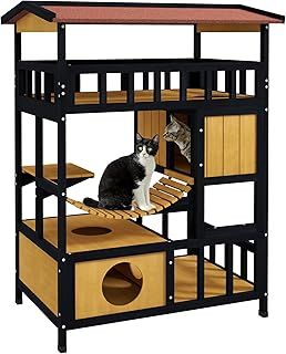 PawHut Outdoor Cat House Wooden Cat Shelter, 4 Tier with Suspension Bridge, Balcony, Escape Doors Water-Resistant Roof, for 1-2 Cats