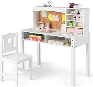 Kids Desk and Chair Set, Wooden Children Study Table with Storage Space and Bulletin Board, Toddler Writing Desk Set for Boys Girls (White)