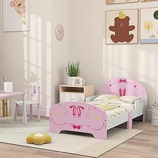 AIYAPLAY Toddler Bed Frame, Kids Bed with Safety Rails, Ballet Theme Kids Bedroom Furniture, for 3-6 Years, Pink