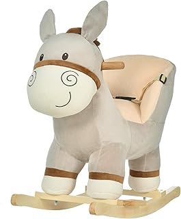 HOMCOM Kids Children Rocking Horse Plush Ride On Donkey Seat w/Sound Wood Base Seat Safety Belt Toddler Baby Toy Rocker Grey 18-36 Months