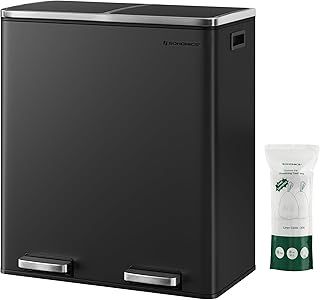 SONGMICS Double Rubbish Bin, 2 x 30L Waste and Recycling Kitchen Bin with 15 Rubbish Bags, Metal Pedal Bin, Plastic Inner Buckets and Hinged Lids, Handles, Soft Closure, Airtight, Black LTB60BK