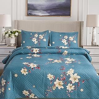 3Pcs Patchwork Quilted Bedspreads with 2 Shams | Reversible Floral Print | Lightweight Quilt Comfort | Fits Double and King Size Beds 220x240cm | 30 Unique Designs (MILAN-101)