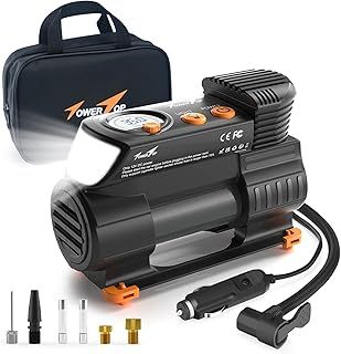 TowerTop Tyre Inflator Air Compressor: 2X Faster Heavy Duty Car Tyre Pump Portable 12V Digital Tyre Inflator with High Precision Pressure Gauge, Memory Function, 1 Min Inflation, LED Light, Handbag