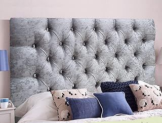 Chesterfield Diamante Frame Divan Bed Headboard | Crushed Velvet Headboards for 4ft6 Double Size Bed | Elegant design with wooden material headboards for beds (Silver, 4ft6 Double Height-20inch)