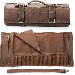 Chef Knife Roll Bag-Professional Chef Knife Case-16oz Waxed Canvas and Crazy Horse Leather -with 12 Slots Plus 2 Zipper Pockets to Hold Kitchen Cooking Tools-Travel Tool Roll Pouch(Bag Only)