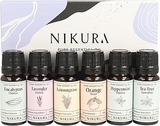 Nikura Starter Kit Essential Oil Gift Set - 6 x 10ml | Essential Oil for Diffuser for Home, Aromatherapy, Strong Fragrance, Sleep | Eucalyptus, Lavender, Lemongrass, Sweet Orange, Peppermint, Tea Tree