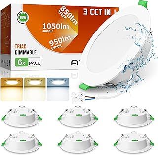 LED Downlights Ceiling Dimmable 10W 1050LM Recessed Ceiling Lights, 3CCT Warm White 3000K Neutral White 4000K Cool White 6500K IP44 Bathroom Spot Lights for Kitchen Living Room, 6 Pack