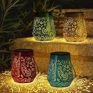 OxyLED Garden Lights Outdoor Solar Lantern 4 Pack Colorful Hanging Metal Lamp IP44 Waterproof Moroccan Decoration Ornaments for Patio Fence Tree Room Outside Multicolors