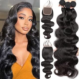 Body Wave Brazilian Human Hair 3 Bundles with Closure (18 18 18+16) Body Wave 100% Unprocessed Virgin Hair Bundles with 4x4 Lace Closure Free Part Natural Black Color
