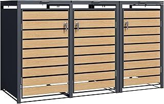 DWD Garden Triple Wheelie Bin Hideaway 120L,240L Waste Bin,Storage Shed w/Locking Doors Assisted lift up Lid easy use Outdoor Hygienic Dustbin Unit Cover Powdercoated Steel Matt Grey with Oak Doors