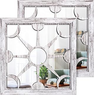 Square Mirror Wall Decor 2PCS, Farmhouse Indoor/Outdoor Wall-mounted Mirrors 12x12 inches for Living Room, Hallway, Entryway, Garden Mirrors Outdoor for walls(Shabby Whitewashed Wood)