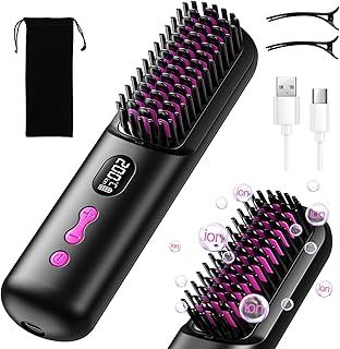 HOMELYLIFE Cordless Hair Straightener Brush, Portable Hair Straightener Brush for Travel, Negative Ion 9600mAh USB Rechargeable Heated Straightening Brush Hot Comb for Women Beard Straightener for Men