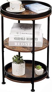 Industrial Nordic End Table, 3-Tier Round Side Table with Storage Shelf Edge Protection Tray, Sturdy Metal Frame Coffee Table Bedside Table for Living Room Bedroom Small Spaces/Rustic Brown