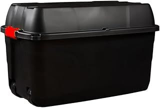 Strata Heavy Duty Large Storage Box with Lid, 175L, Lockable, Indoor/Outdoor, Wheeled, Black with Red Handles