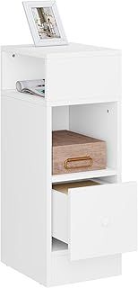 Narrow Bedside Table with 2 Open Compartments and 1 Drawer, White Nightstand 25x30x66 cm, Space Saving Cabinet Night Table for Bedroom Living Room, Wooden, SCD0213