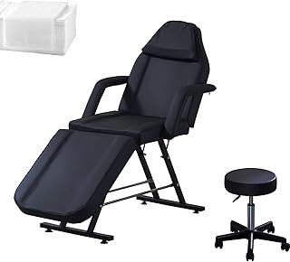BSTSEL Beauty Bed With Stool & Sheets 3 Section Adjustable Massage Table And Stool Massage Tattoo Bed With Removable Armrests Headrest Salon Lash Bed For Spa Salon (Black)