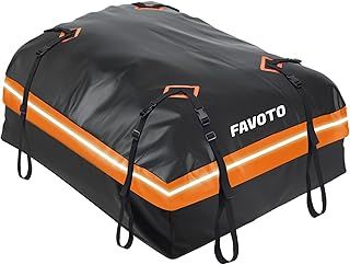 Favoto Car Roof Bag 15 Cubic, Waterproof 500D Car Roof Bag No Rack Needed, Roof Box with Anti-Slip Mat and 8 Heavy-Duty Reinforced Straps, Folding Soft Roof Bag for Cars without Rack, Black Orange