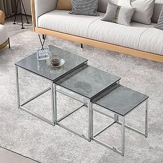 nozama Marble Nest of Tables Set of 3,Grey Gloss Nesting Tables,Sofa End Side Coffee Table for Small Space Living Room Bedroom