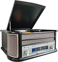 Denver 8-in-1 CD Bluetooth Cassette Player Retro Wooden Record Player HiFi System – 3 Speed Vinyl Turntable & Cassette With CD Player, FM/AM Radio, MP3 USB Recording, AUX IN And Line Out – MCR-50BT