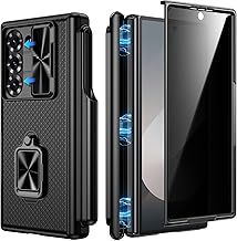 for Samsung Galaxy Z Fold 6 Case with S Pen Holder & 360° Ring Kickstand, Slide Camera Cover, Front Privacy Screen HD Protector, Magnetic Hinge Protection, Heavy Duty Shockproof Case (Black)