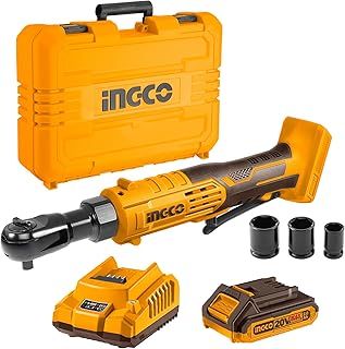 Ingco Cordless Ratchet Wrench 20V with LED Light, 3/8" Electric Drive Ratchet with 1Pcs 2.0Ah Battery, 1Pcs Charger, 3Pcs Sockets, 65Nm CDRLI2060152