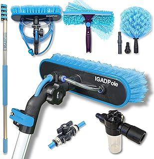 IGAD Pole 17ft Washing Kit: Water-fed Brush, Cobweb Duster and 10”(25cm) Squeegee and Soap Dispenser, with 4-Stage Telescoping Pole 5-17ft (5m) Pole
