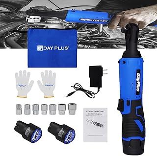 3/8” Electric Cordless Ratchet Wrench Set w/2pcs Rechargeable Batteries and Charger, 40Nm Cordless Ratchet Wrench 90° Angle Wrench with LED Work Light, 7 Sockets Set