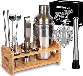SUPERSUN 15 Pieces Cocktail Shakers Set, Cocktail Making Set 550ml Stainless Steel Bartender Kit Barware Set with Wooden Stand, Cocktail Shaker Gift Set for Home Bar