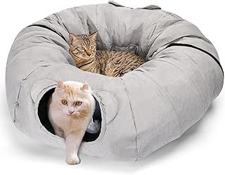 Cat Bed with Tunnel & Balls, Large Donut Cat Tube with Peek Hole, Crinkle Sound for Cats & Kittens - Grey