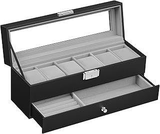 SONGMICS Watch Box, Watch Case with Glass Lid, 2-Tier Watch Display Case for 6 Watches, Lockable, 1 Drawer, for Rings, Bracelets, Gift Idea, Black Synthetic Leather, Grey Lining JWB060G01
