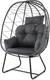 RELAX4LIFE Patio Wicker Egg Chair, Indoor Outdoor PE Rattan Oversized Lounger with Cushion & Pillow, Heavy-duty Metal Frame Basket Seat Teardrop Chair for Garden, Balcony, Porch (Beige)