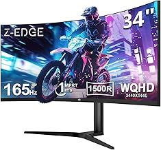 Z-Edge 34 Inch Curved Gaming Monitor Ultrawide 165Hz(DP) 100Hz(HDMI) 1ms MPRT 21:9 3440x1440 WQHD R1500 Curved Screen, Tilt/Swivel/Height Adjustable, FreeSync, HDMI, DisplayPort