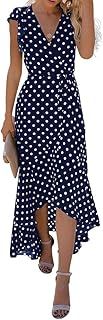 GRECERELLE Womens Summer Maxi Dress Boho Floral Cocktail Midi Polka Dot Wrap Dresses V Neck Casual Party Bohemian Flowy Long Dress for Ladies