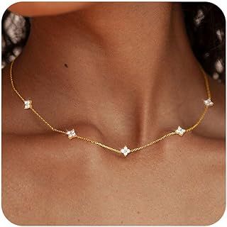 Dainty Gold Silver Necklace for Women Girls Trendy Non Tarnish 14K Gold Plated Cubic Zirconia Necklaces Cute Flower Choker Necklace Stack for Wedding Prom Brides Jewellery