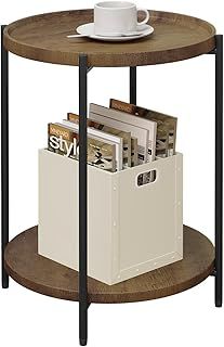 WOLTU Round Coffee Table, Small Side Table with 2 Shelves, End Table with Storage, Side Table Living Room Furniture Sofa Table, MDF + Metal, Vintage Wood Effect, BTS06hov