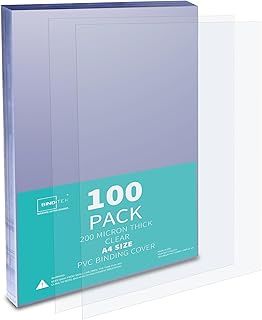 Binditek 100 Pack 200 Micron A4 Binding Covers, PVC Clear Binding Covers, Square Corners, Un-Punched, Office and School Supplies