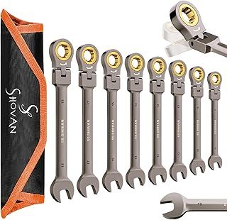 8PCS Flexible Head Ratchet Spanner Set, 72 Teeth Metric 8-19mm, Combination Spanners & Wrenches, Chrome Vanadium Steel Nickel Plated with Roll Pouch, DIY Tool for Bicycle and Car Repair (8)