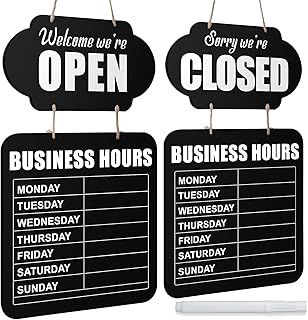 Business Hours Hanging Chalkboard Open Closed Sign Wooden Welcome Chalk Boards Double Sided Restaurant Door Sign with Erasable Blackboard Pen for Florist Cafe Store Restaurant (Black)