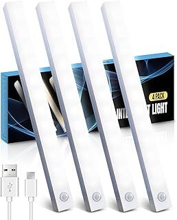 KALAHOL Under Cabinet Kitchen Lights 4 Pack, USB Motion Sensor Lights Indoor, Cupboard Light, 4 Modes, USB Type-C, Stepless Dimming, for Kitchen Wardrobe Bedroom Stairs (Cold White)