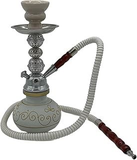 Shisha Hookah Pipe Set with Ceramic Bowl, 27cm Height, Single Hose, Stylish Stem and beautifully crafted glasss vase in white with gold design