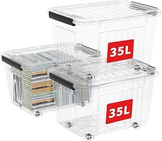 Cetomo 35L*3 Storage Boxes with Wheels, Plastic Storage Bins with Lids, Latching Buckles, Click Closure, Stackable, Nestable, Organizer for Home Office Clothes, Clear, 35L-3 Pack