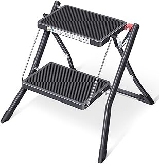 KINGRACK Step Ladder, Double Side Folding Step Stool, 2 Step Portable Ladder with handdle, Large Platform, Slim Household Stepladder with Milti-fuction, Black