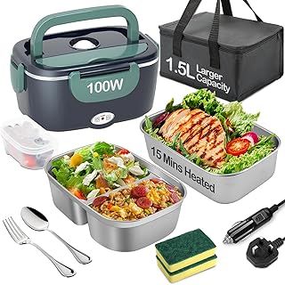 Electric Lunch Box 100W, 1.5L Removable Stainless Steel, 3-in-1 Portable Heated Lunch Box, 12V/24V/220V Insulated Heat Box for Car/Truck/Office/Home (Blue, 1.5L)