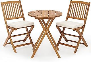 Wooden Folding Bistro Set, Outdoor Dining Table and Chairs Set with Slatted Tabletop & Seat, Acacia Wood Garden Furniture Set for Porch Balcony (Horizontal Slatted Back,Without Cushions)