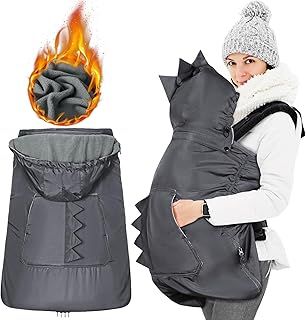 Orzbow Weatherproof Cover for Baby Carrier,Waterproof Winter Baby Carrier Cover,Universal Wind Cover for Baby Carrier with Zip,Warm Liner,Removable Drawstring Hood,Machine Washable (Dark Grey Dino)