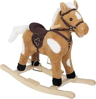 WOLTU Baby Rocking Horse Wooden Toddler Rocking Toy with Sound and Stirrups Plush Ride on Horse Kid Rocker Child Rocking Animal Gift for 1-3 Years Old, Brown, Seat Height 44cm